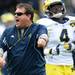 Michigan head coach Brady Hoke shouts during spring practice at Michigan Stadium on Saturday, April 13, 2013. Melanie Maxwell I AnnArbor.com